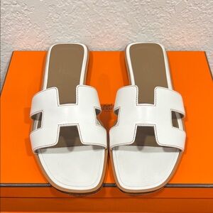 Hermes White Slide Sandals